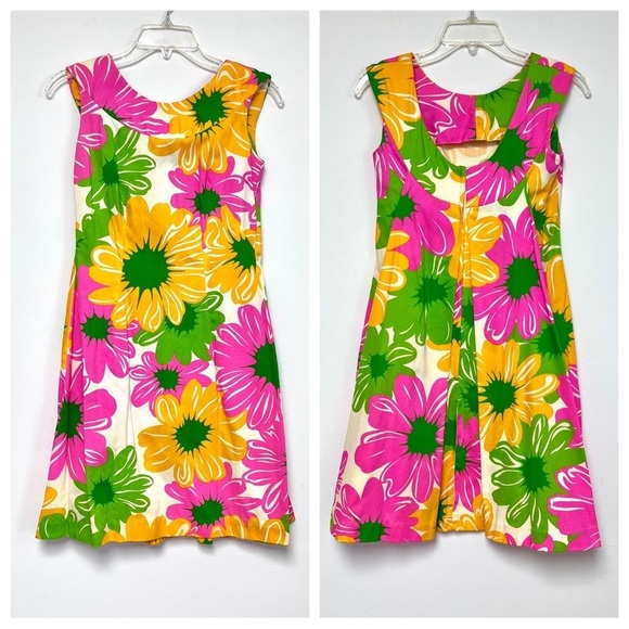Vintage Hawaiian MCM Mid Century Mod Neon Flower Power Shift Cape Dress - Picture 4 of 14